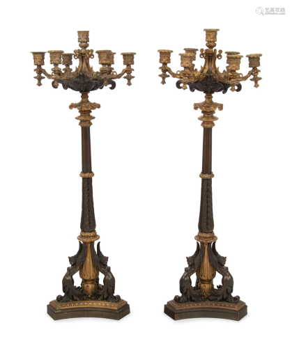 A Pair of French Neoclassical Gilt and Patinated Bronze Seve...