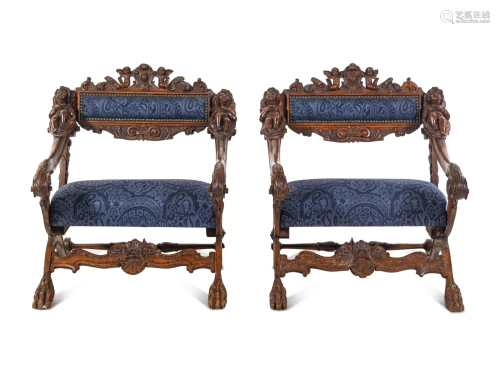 A Pair of Italian Renaissance Style Carved Walnut Armchairs