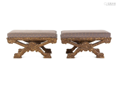 A Pair of Italian Baroque Style Giltwood Stools