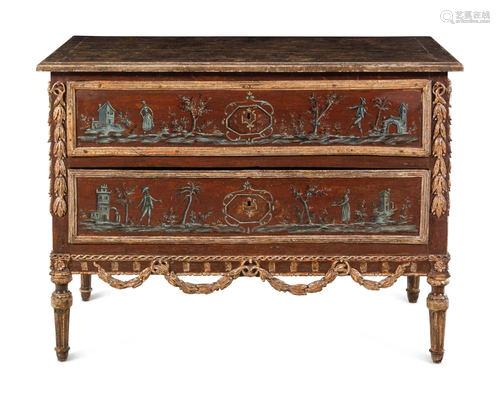 A Piedmontese Painted and Parcel Gilt Commode