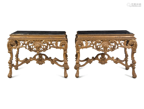 A Pair of Italian Baroque Style Giltwood Composition Marble-...