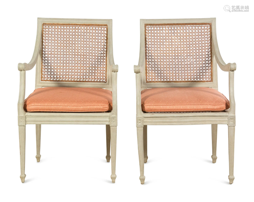 A Pair of Italian Painted and Caned Armchairs