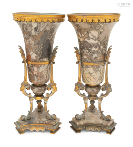 A Pair of Neoclassical Gilt Bronze Mounted Marble Vases