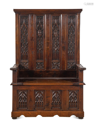 A Gothic Style Carved Oak Hall Bench