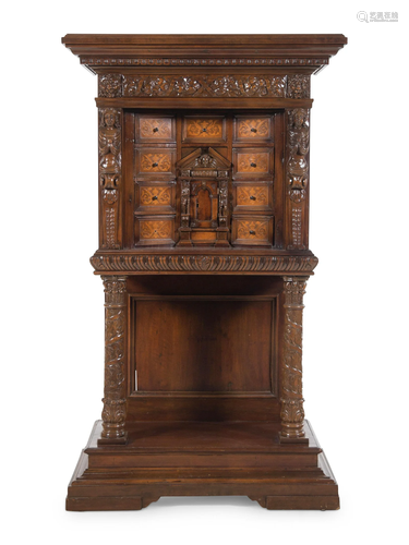 A Renaissance Revival Carved Walnut and Marquetry Collector&...