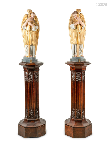 A Pair of Painted and Parcel Gilt Figural Altar Prickets wit...