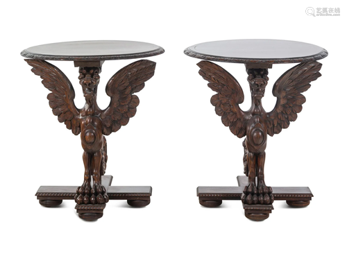 A Pair of Continental Baroque Style Carved Walnut Griffin Ta...