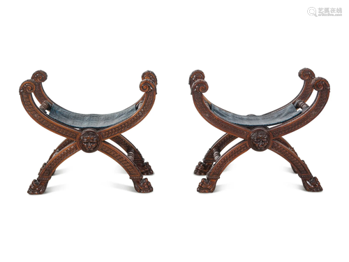 A Pair of Baroque Style Carved Walnut Stools