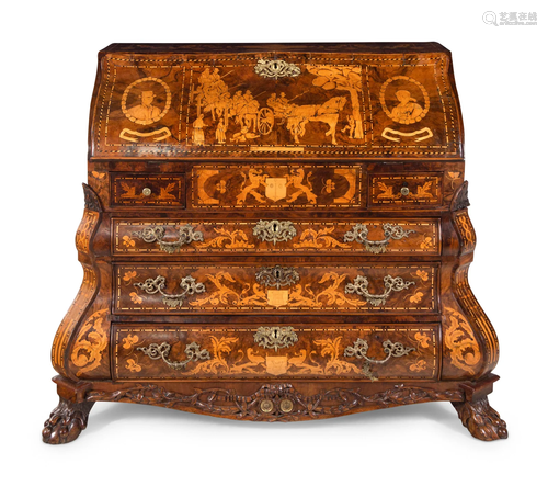 A Dutch Baroque Burl Walnut and Marquetry Slant-Front Desk