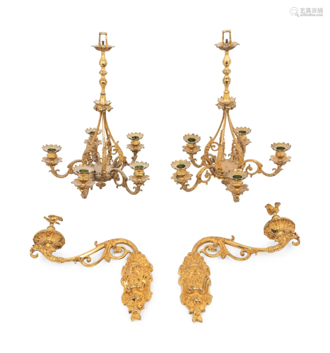 A Pair of Dutch or German Gilt Bronze Five-Light Hanging Wal...