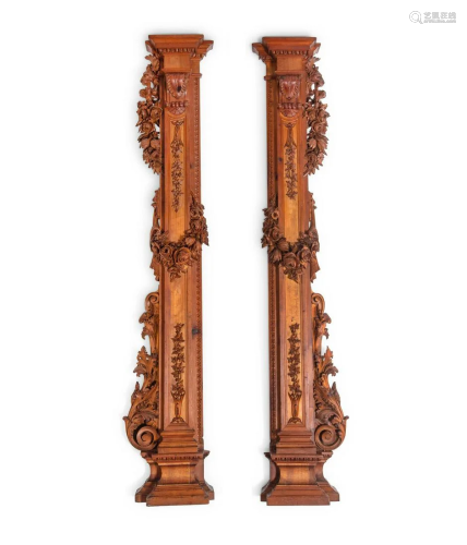 A Pair of Continental Carved Walnut Pilasters