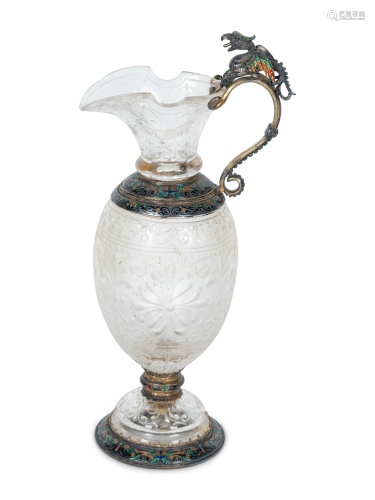 A Viennese Silver, Enamel and Rock Crystal Ewer