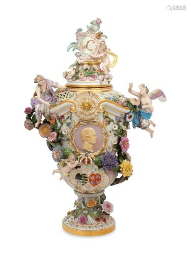 A Rare and Large Meissen Porcelain Covered Urn