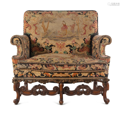 A William and Mary Style Needlepoint-Upholstered Carved Waln...