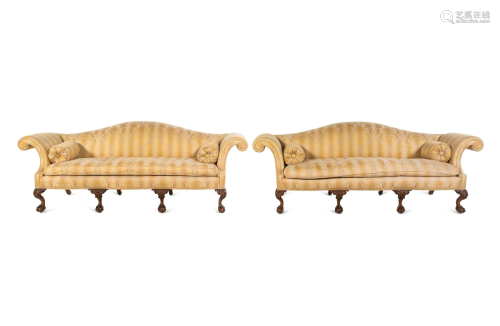 A Pair of George II Style Camelback Sofas with Scalamandre U...