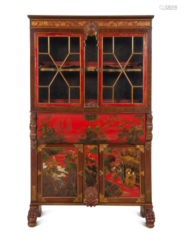 A Georgian Style Red Lacquered and Chinoiserie Decorated Sec...