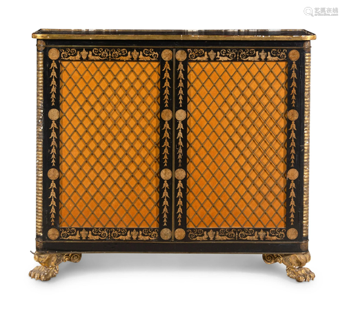 A Regency Style Parcel Gilt and Ebonized Penwork Cabinet