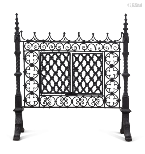 A Gothic Style Black Painted Wrought and Cast Iron Fire Scre...
