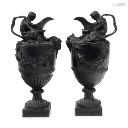 A Pair of Wedgwood Basalt Ewers Emblematic of Water and Wine