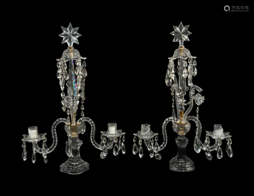 A Pair of English Brass Mounted Cut Glass Two-Light Girandol...