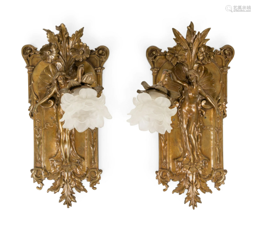 A Pair of Bronze Art Nouveau Figural Wall Sconces by Theophi...