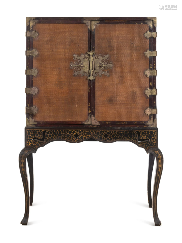 A Chinese Export Gilt Decorated Lacquer Cabinet on Stand