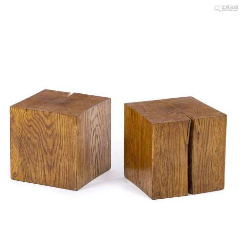 FRENCH WORK, c.1970 - Pair of brutalist oak side tables