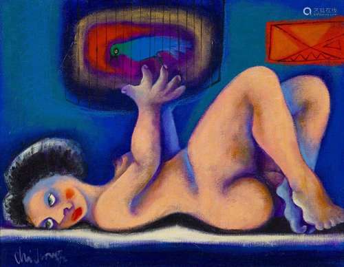 ROBERTO CHICHORRO (B.1941) - Female nude with bird on cage