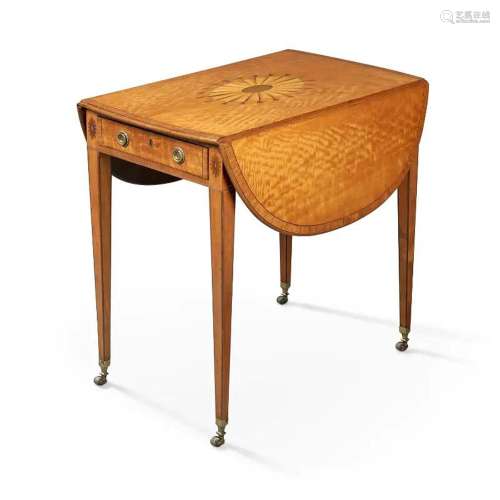 A GEORGE III SATINWOOD, HOLLY AND TULIPWOOD-CROSSBANDED PEMB...