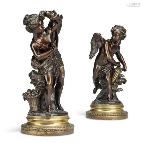 A PAIR OF FRENCH PATINATED-BRONZE FIGURES OF CUPID AND PYSCH...