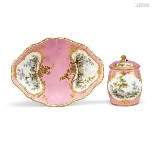 A SEVRES PORCELAIN PINK-GROUND MUSTARD-POT, COVER AND STAND ...