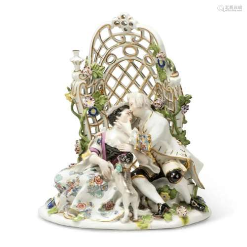 A MEISSEN PORCELAIN GROUP OF LOVERS WITH A PUG-DOG