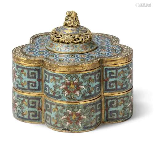 A CHINESE CLOISONNE ENAMEL AND GILT-BRONZE TWO-TIERED LOBED ...