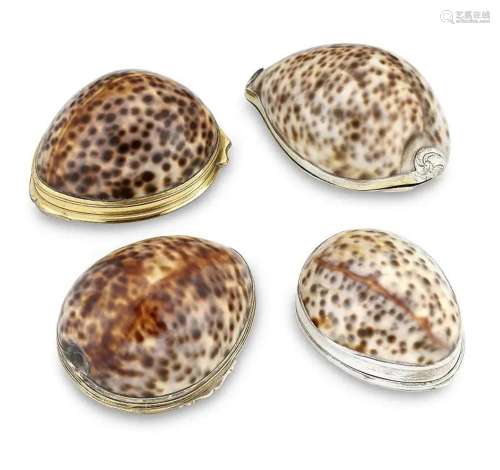 FOUR SILVER, SILVER-GILT AND GILT-METAL COWRIE SHELL SNUFF-B...