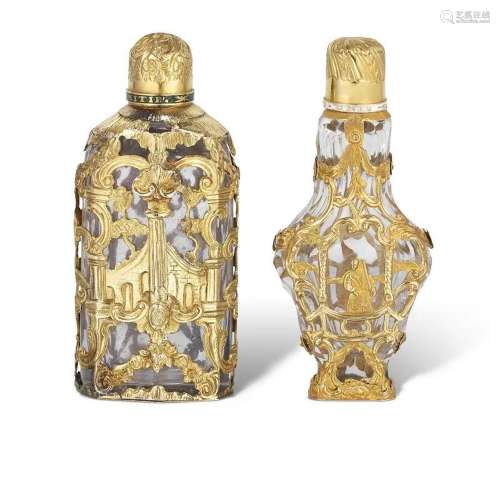 TWO GEORGE III GOLD-MOUNTED GLASS SCENT BOTTLES