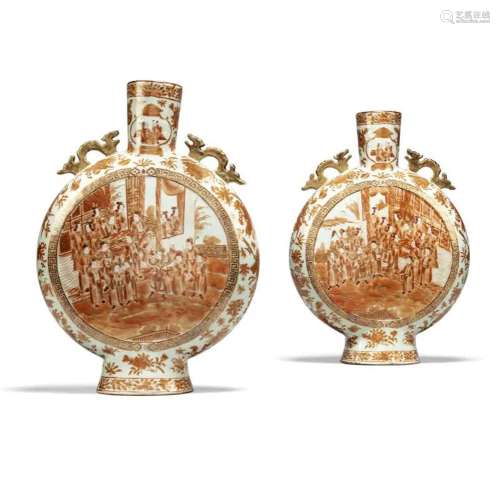 A PAIR OF CHINESE IRON-RED AND GILT-DECORATED MOONFLASKS