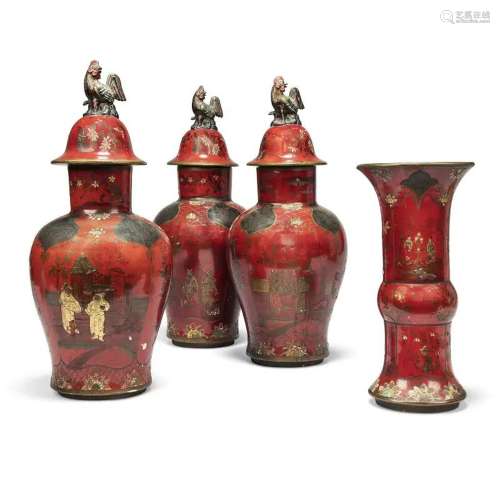 A GARNITURE OF THREE CONTINENTAL RED, BLACK AND PARCEL GILT ...