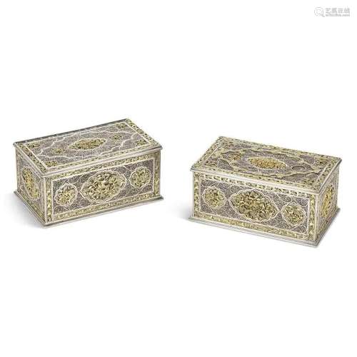 A MATCHED PAIR OF CHINESE EXPORT PARCEL-GILT SILVER FILIGREE...