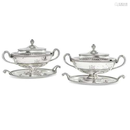 A PAIR OF GEORGE III SILVER SAUCE TUREENS AND COVERS