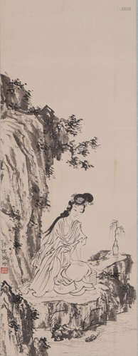 Chinese Guanyin Painting Scroll, Pu Ru Mark