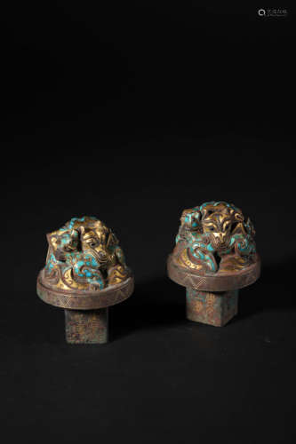 Pair of Gold and Hard Stone Inlaid Bronze Fittings