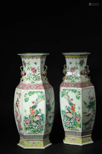 Pair of Famille Rose Hexagonal Vases