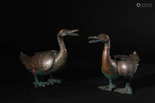 Pair of Gold and Silver Inlaid Bronze Duck-Form Censers