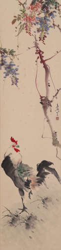 Chinese Rooster Painting Scroll, Wang Xuetao Mark