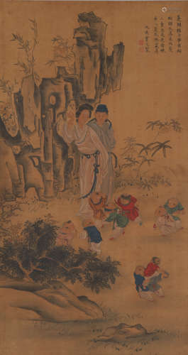 Chinese Boys Playing Painting Silk Scroll, Qiu Ying Mark