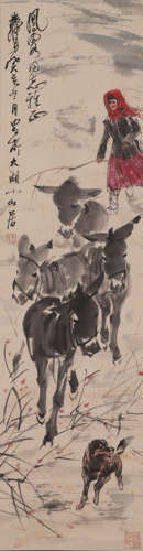 Chinese Donkey Painting Scroll, Huang Zhou Mark