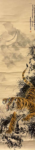 Chinese Tiger Painting Scroll, Zhang Shanzi Mark