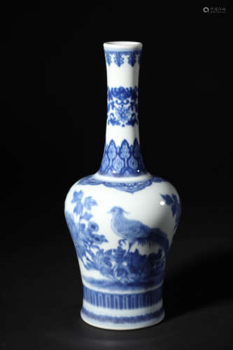 Blue and White Stone and Bird Mallet-Form Vase