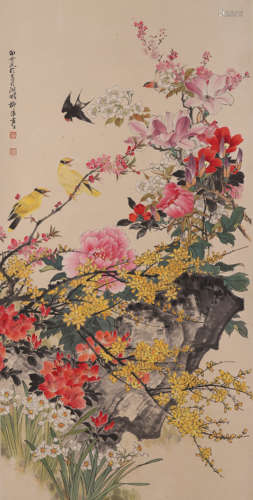 Chinese Flower and Bird Painting Scroll, Tian Shiguang Mark