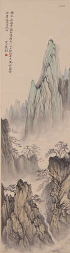 Chinese Landscape Painting Silk Scroll, He Tianjin Mark